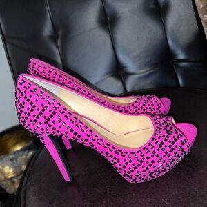Gianni Bini Hot Pink black jeweled open toe pumps size 9M